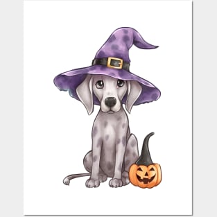 Watercolor Great Dane Dog in Witch Hat Posters and Art